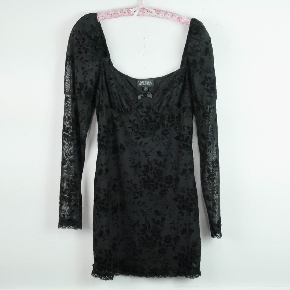 Dolls Kill Widow Cut Class Mesh Mini Dress XL Floral Goth Black Puff Sleeve - Picture 1 of 9